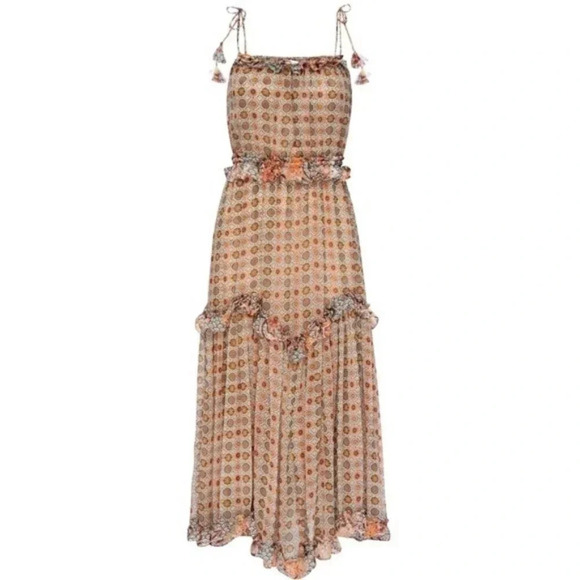 MISA Nita Midi Ruffle Dress in Flora Tile Mix Green and Pink Size S NWT - Picture 3 of 13